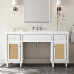 60 Inch Bathroom Vanity with SMC Sink, Modern Spacious Bathroom Storage Cabinet with Soft Close Drawers and Tip-Out Tray, Solid Wood Legs and Silver Metal Knobs, White