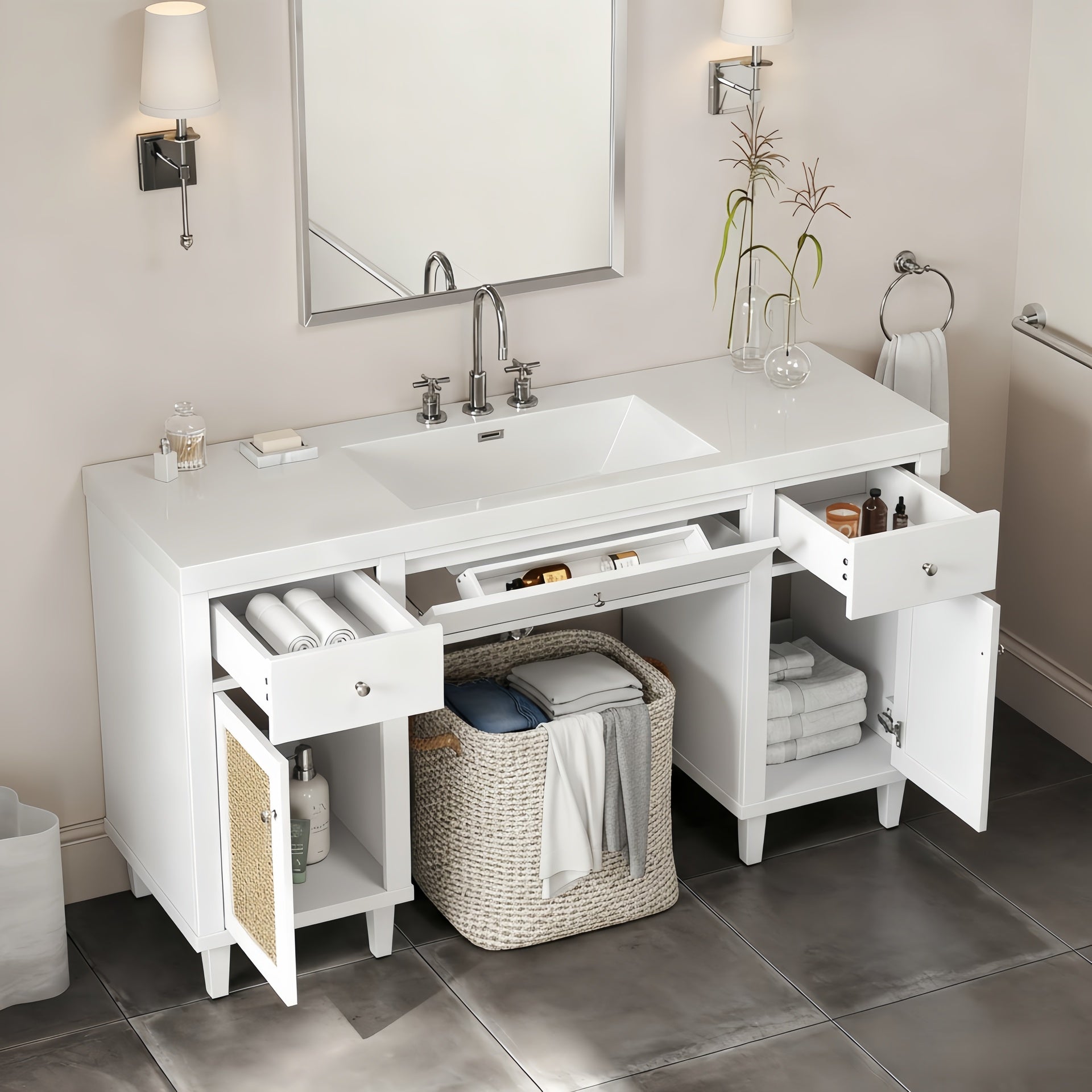60 Inch Bathroom Vanity with SMC Sink, Modern Spacious Bathroom Storage Cabinet with Soft Close Drawers and Tip-Out Tray, Solid Wood Legs and Silver Metal Knobs, White
