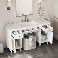 60 Inch Bathroom Vanity with SMC Sink, Modern Spacious Bathroom Storage Cabinet with Soft Close Drawers and Tip-Out Tray, Solid Wood Legs and Silver Metal Knobs, White