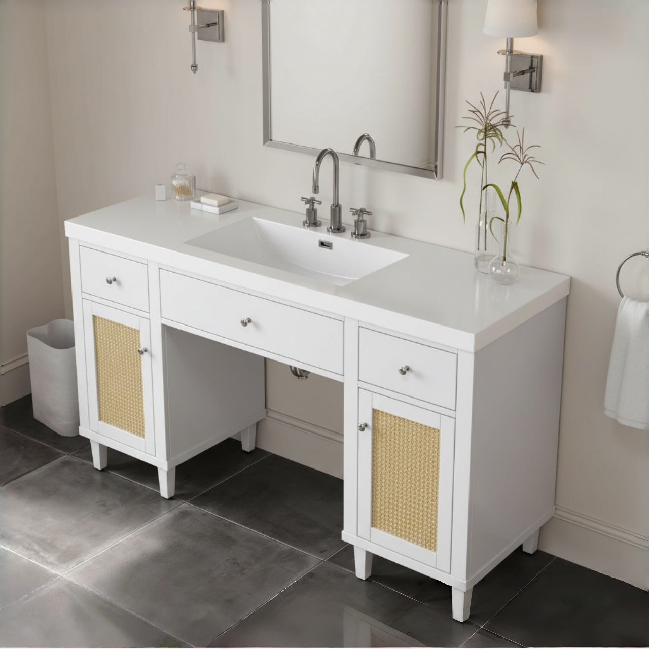 60 Inch Bathroom Vanity with SMC Sink, Modern Spacious Bathroom Storage Cabinet with Soft Close Drawers and Tip-Out Tray, Solid Wood Legs and Silver Metal Knobs, White