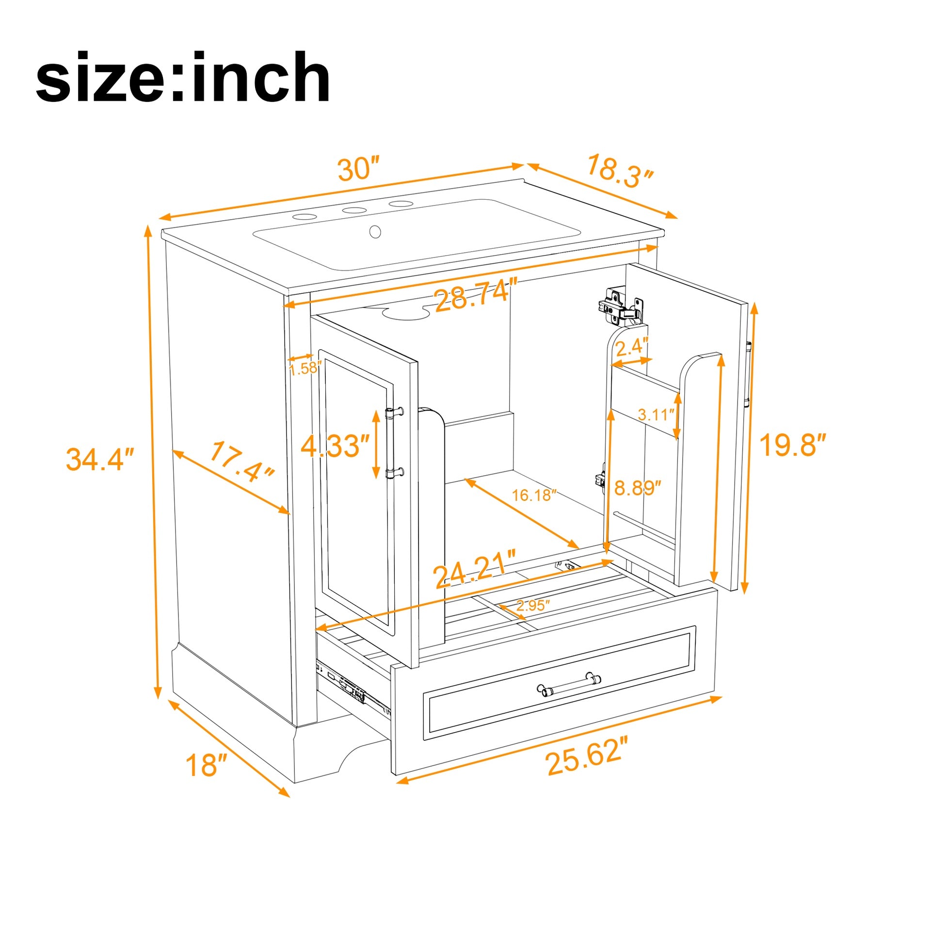 30" Bathroom Vanity with Sink, MDF and Solid Wood Frame, 1 Divider Drawer and 2 Soft-close Doors (Double Shelf on Door), Freestanding Vanity