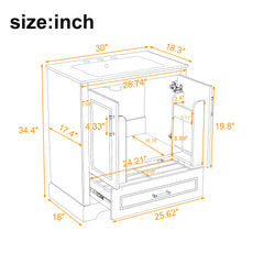 30" Bathroom Vanity with Sink, MDF and Solid Wood Frame, 1 Divider Drawer and 2 Soft-close Doors (Double Shelf on Door), Freestanding Vanity