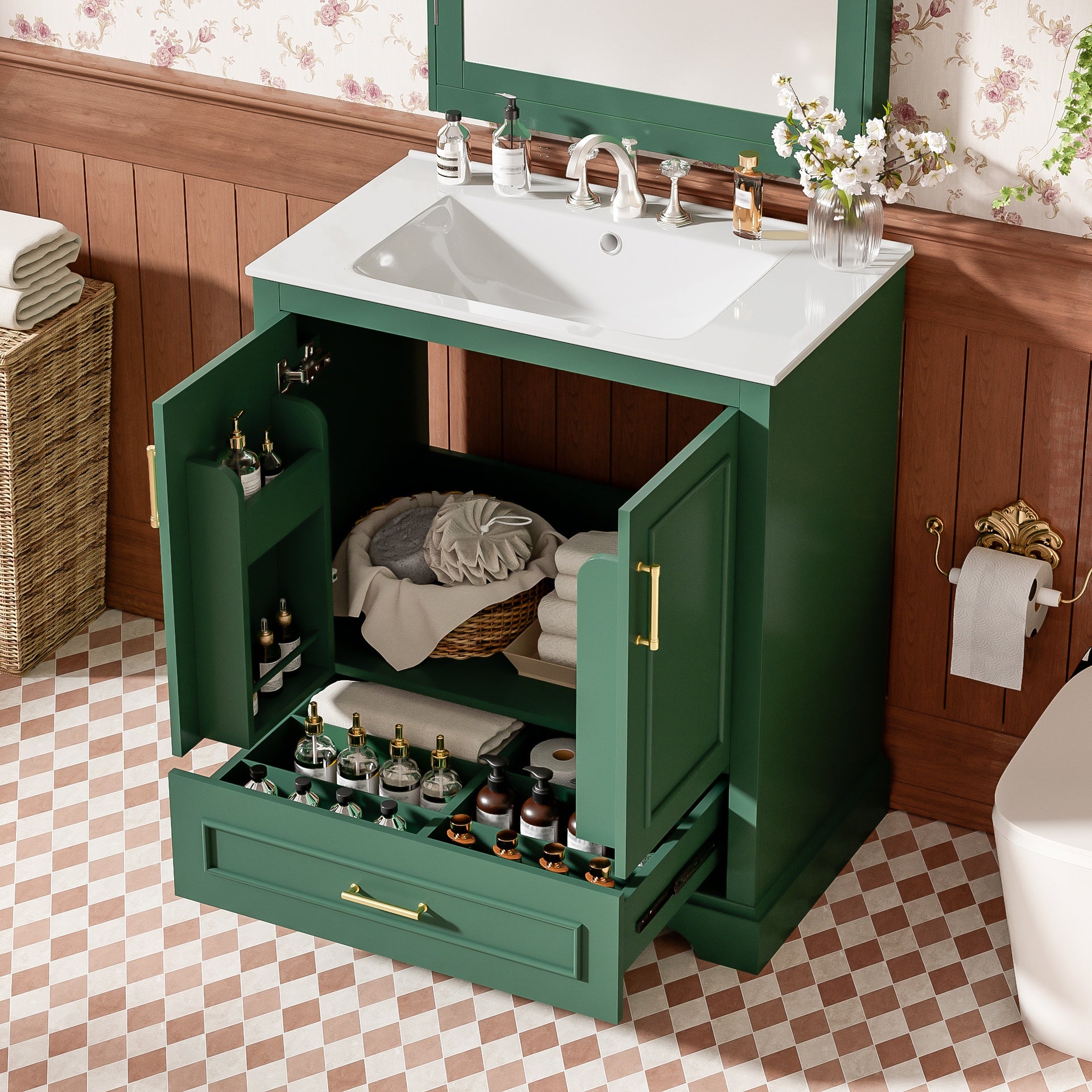 30" Bathroom Vanity with Sink, MDF and Solid Wood Frame, 1 Divider Drawer and 2 Soft-close Doors (Double Shelf on Door), Freestanding Vanity