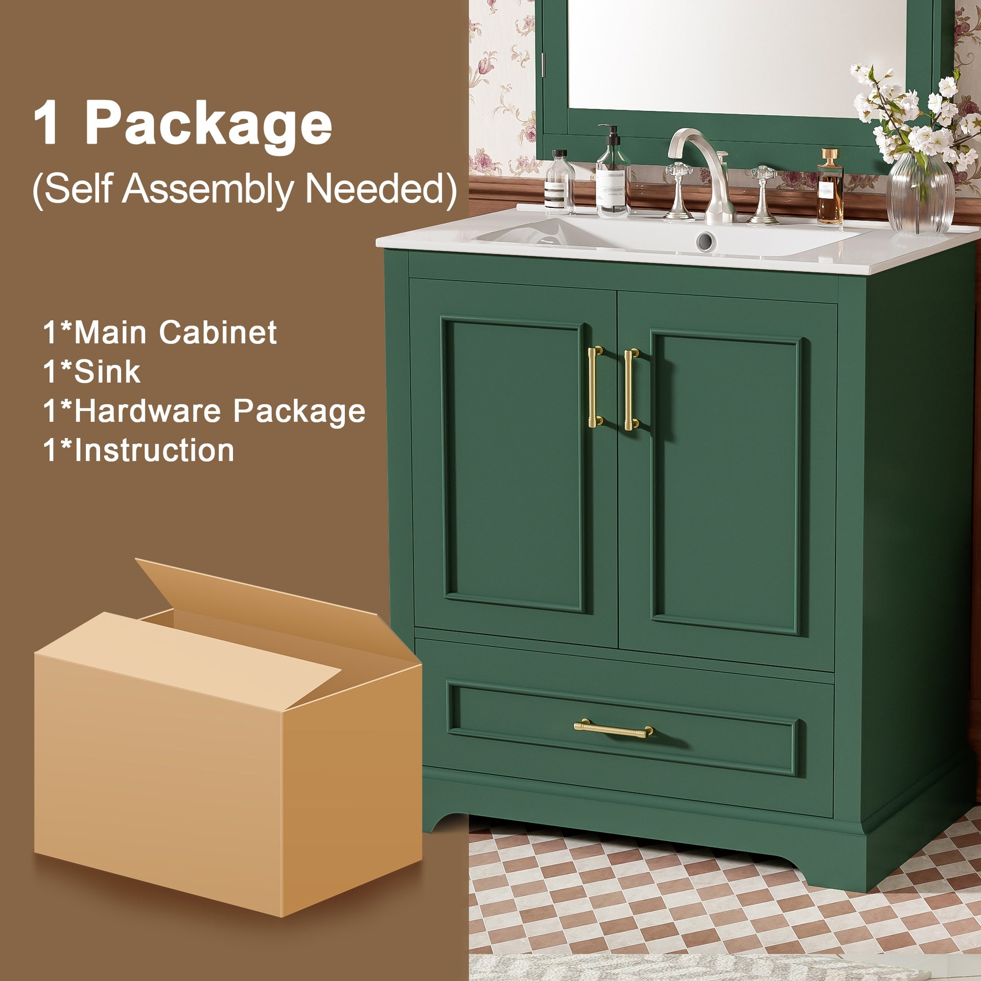 30" Bathroom Vanity with Sink, MDF and Solid Wood Frame, 1 Divider Drawer and 2 Soft-close Doors (Double Shelf on Door), Freestanding Vanity