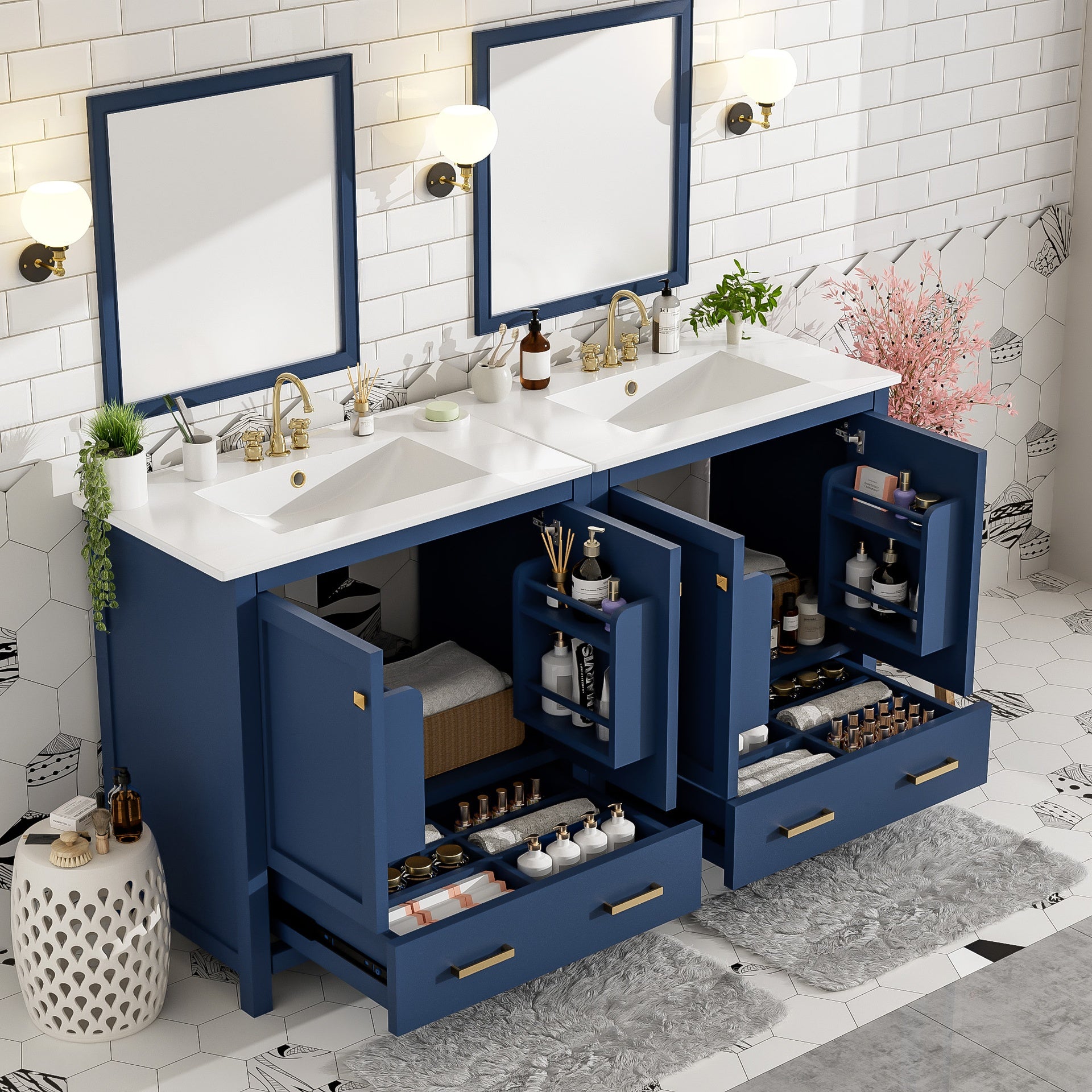 60" Blue Bathroom Vanity Set with Double Vanities (Separate), Double Ceramic Sinks, Storage Shelf, and Divided Drawers  (Mirror not included)– Modern Bathroom Solution for Spacious Bathrooms