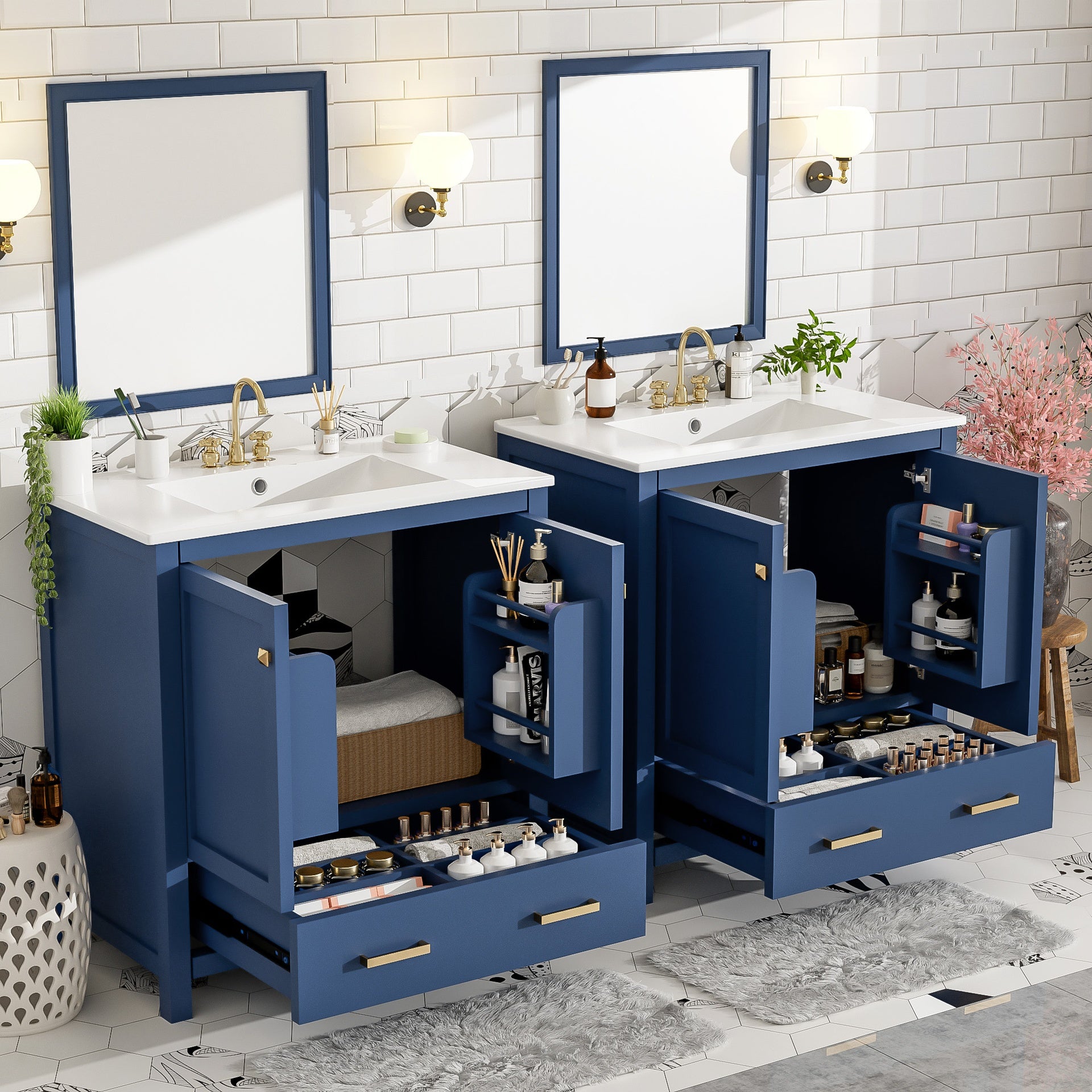 60" Blue Bathroom Vanity Set with Double Vanities (Separate), Double Ceramic Sinks, Storage Shelf, and Divided Drawers  (Mirror not included)– Modern Bathroom Solution for Spacious Bathrooms