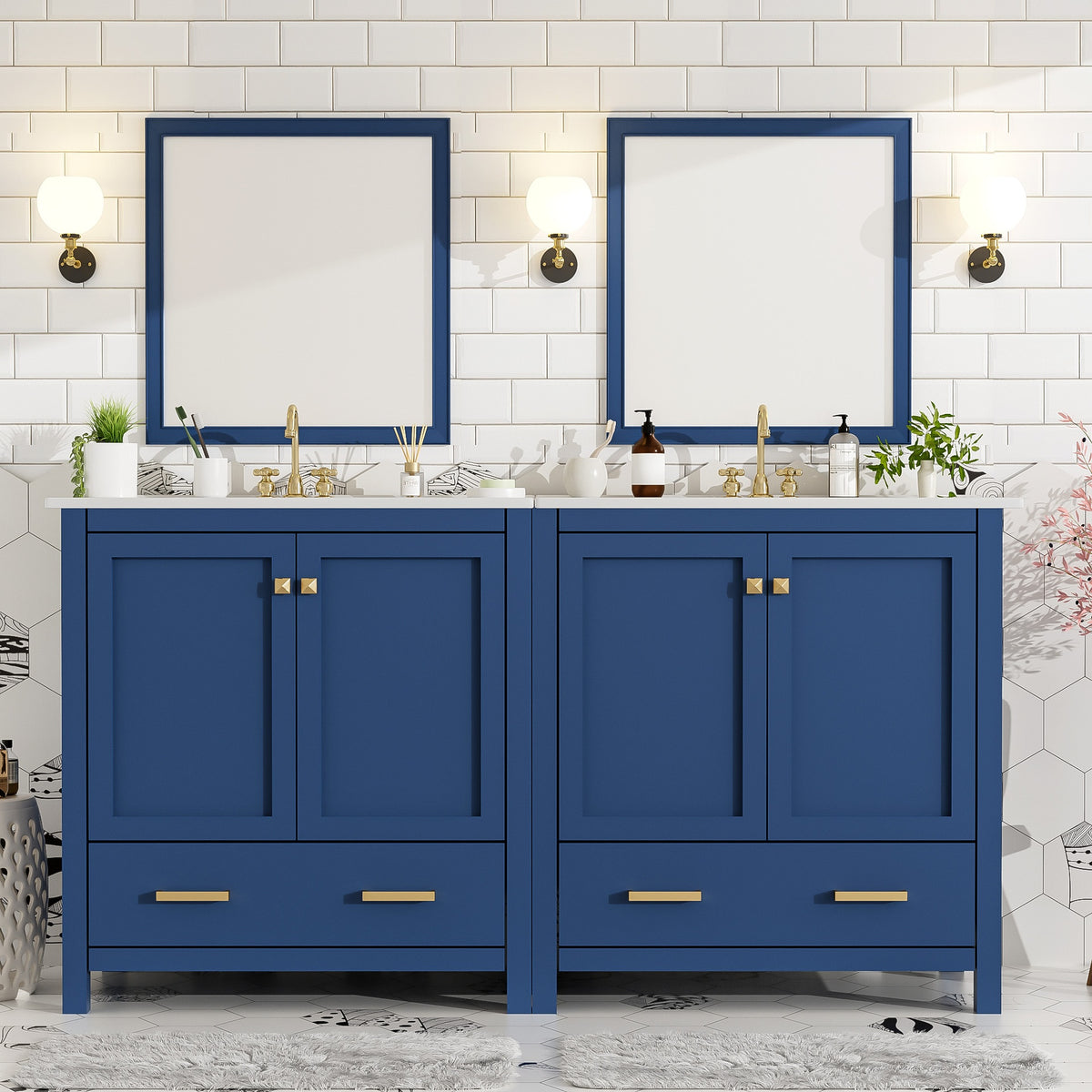 60" Blue Bathroom Vanity Set with Double Vanities (Separate), Double Ceramic Sinks, Storage Shelf, and Divided Drawers  (Mirror not included)– Modern Bathroom Solution for Spacious Bathrooms