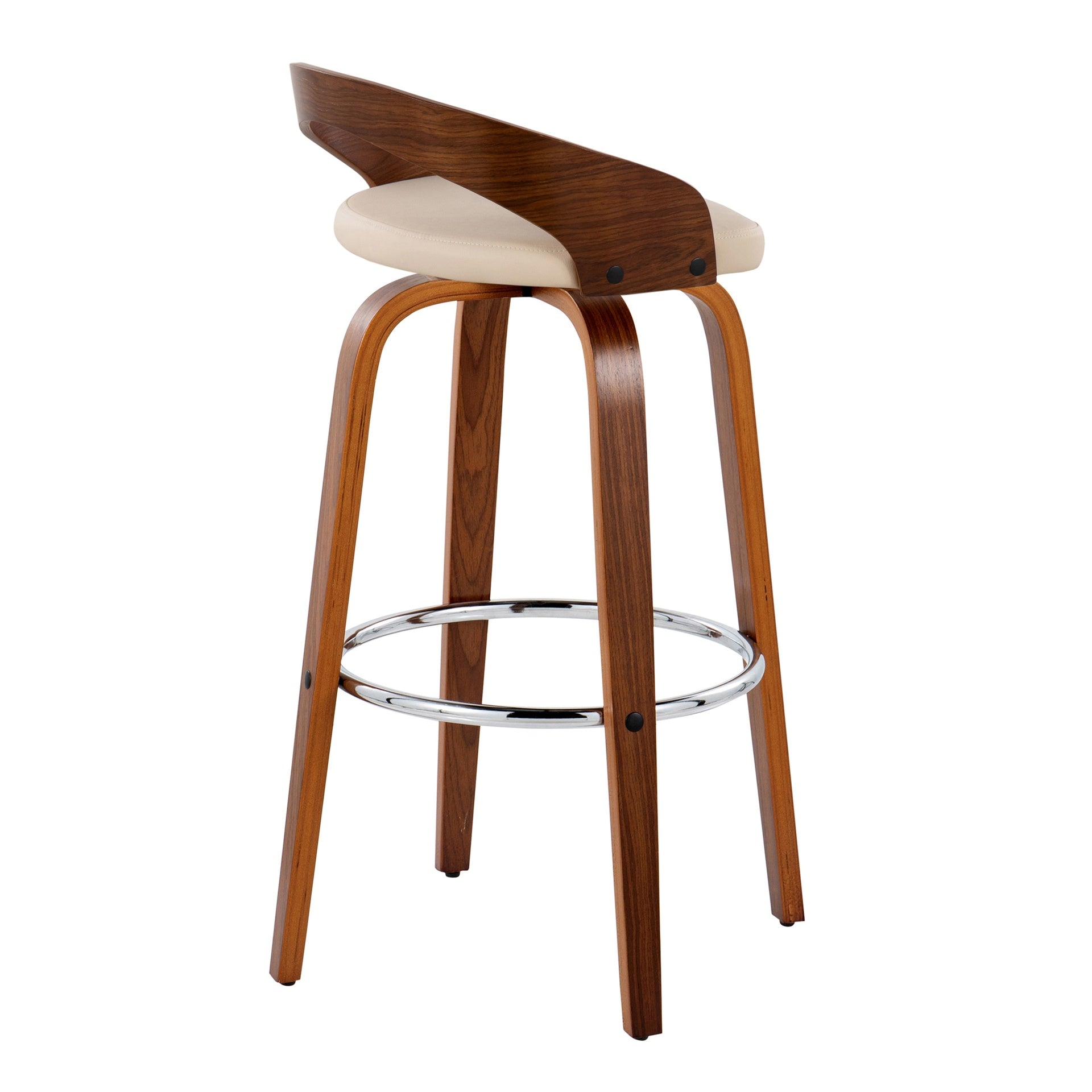 Grotto 30" Mid-Century Modern Fixed-Height Barstool with Swivel in Walnut Wood and Cream Faux Leather with Round Chrome Metal Footrest by LumiSource - Set of 2
