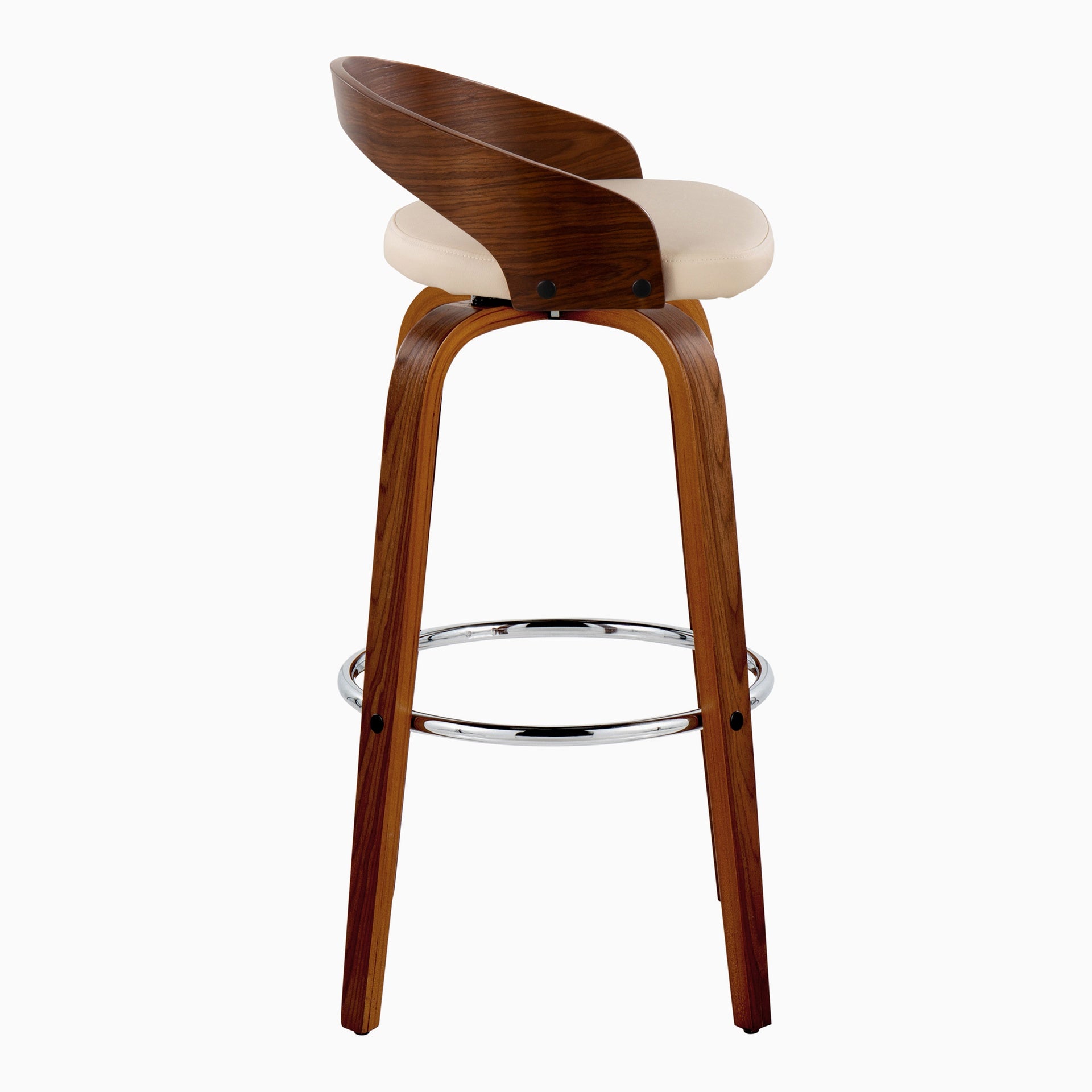 Grotto 30" Mid-Century Modern Fixed-Height Barstool with Swivel in Walnut Wood and Cream Faux Leather with Round Chrome Metal Footrest by LumiSource - Set of 2