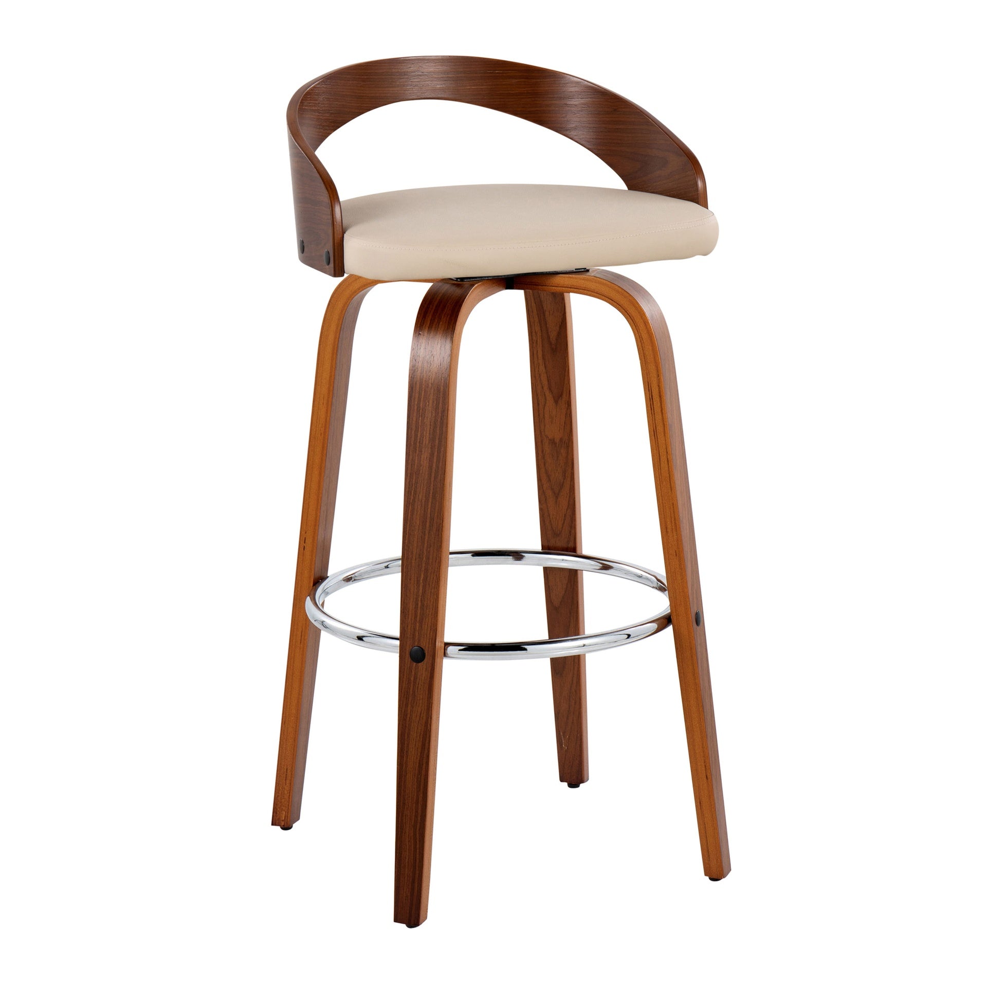 Grotto 30" Mid-Century Modern Fixed-Height Barstool with Swivel in Walnut Wood and Cream Faux Leather with Round Chrome Metal Footrest by LumiSource - Set of 2