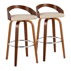 Grotto 30" Mid-Century Modern Fixed-Height Barstool with Swivel in Walnut Wood and Cream Faux Leather with Round Chrome Metal Footrest by LumiSource - Set of 2