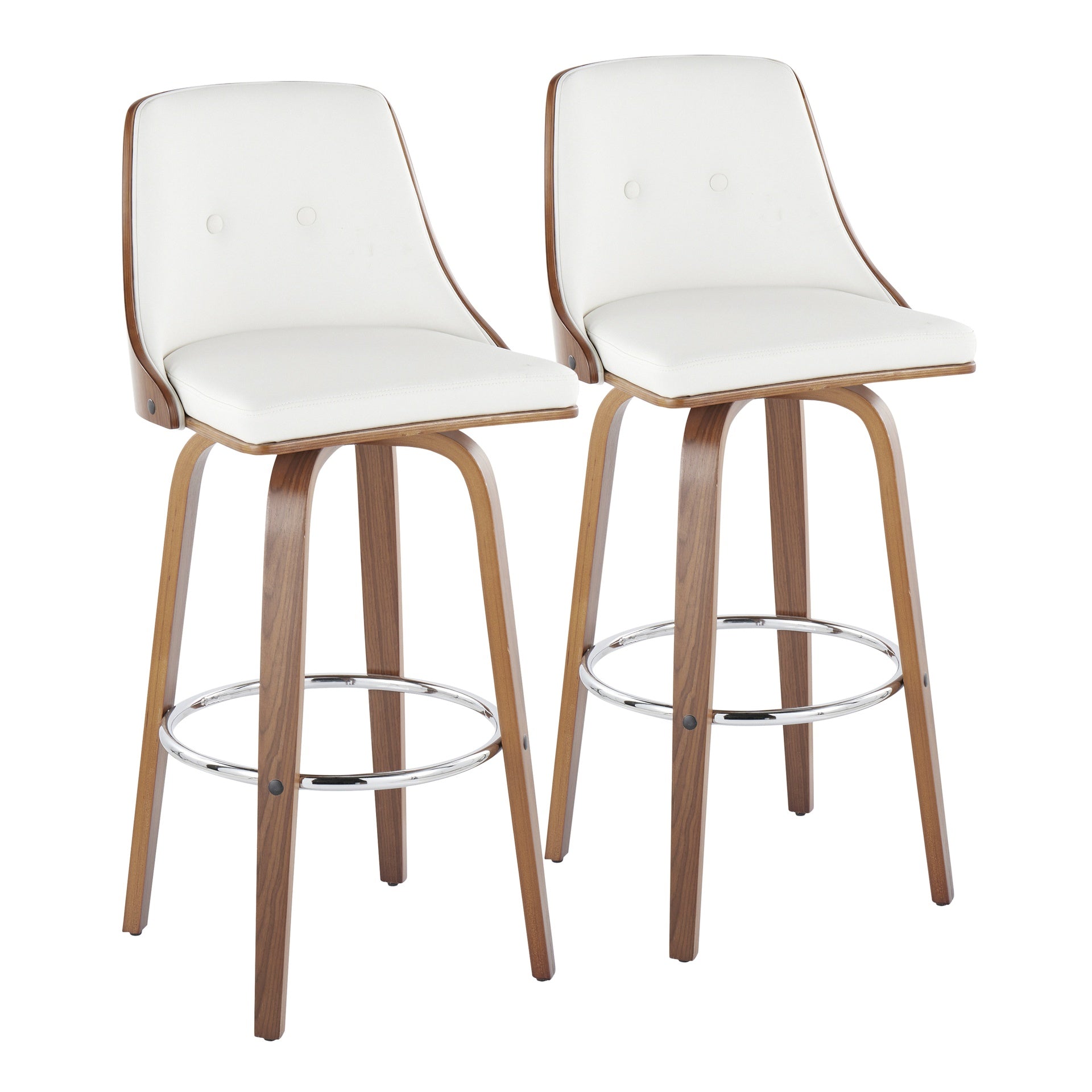 Gianna Mid-Century Modern Fixed-Height Barstool with Swivel in Walnut Wood and White Faux Leather with Round Chrome Metal Footrest by LumiSource - Set of 2