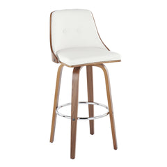 Gianna Mid-Century Modern Fixed-Height Barstool with Swivel in Walnut Wood and White Faux Leather with Round Chrome Metal Footrest by LumiSource - Set of 2
