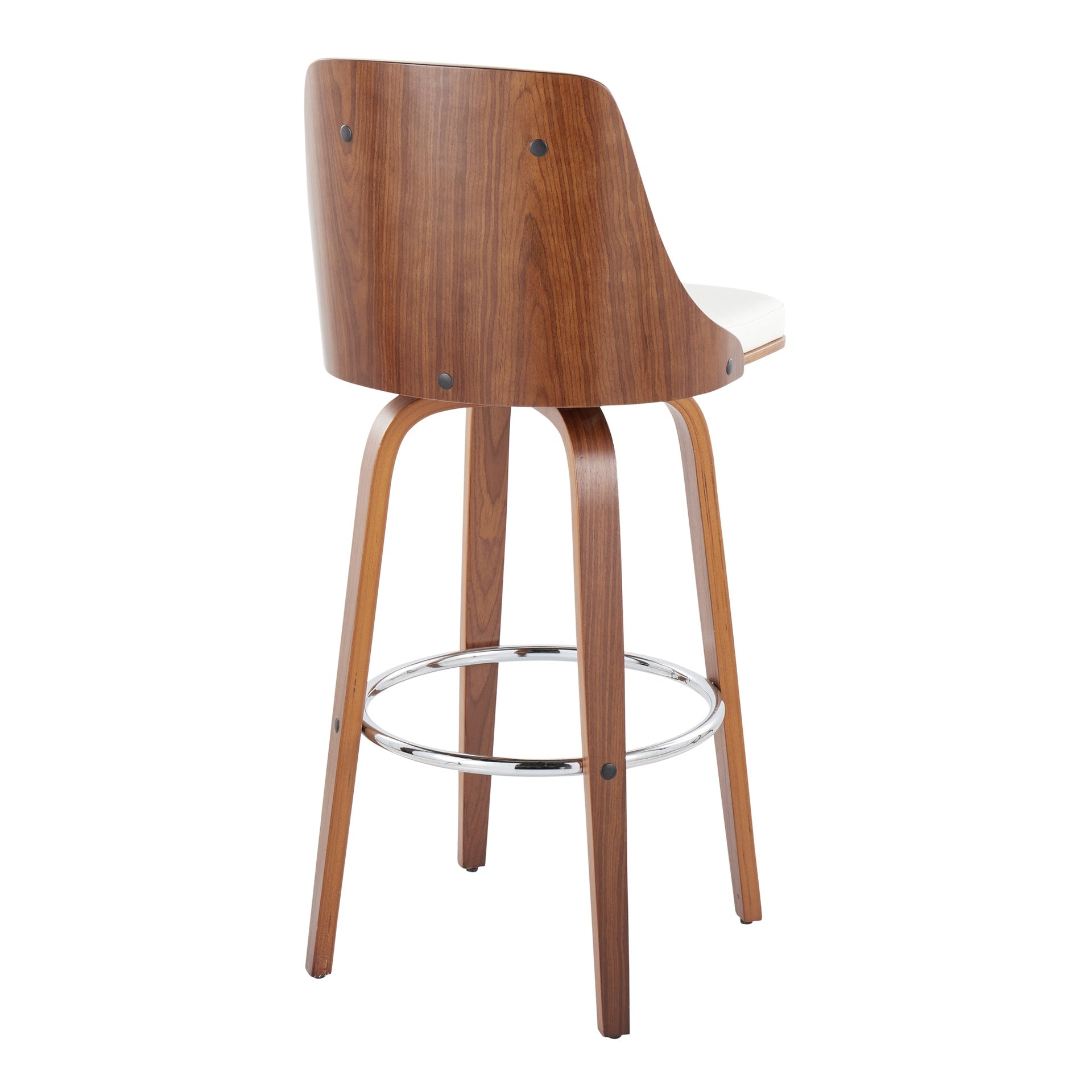 Gianna Mid-Century Modern Fixed-Height Barstool with Swivel in Walnut Wood and White Faux Leather with Round Chrome Metal Footrest by LumiSource - Set of 2