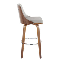 Gianna Mid-Century Modern Fixed-Height Barstool with Swivel in Walnut Wood and Light Grey Faux Leather with Round Chrome Metal Footrest by LumiSource - Set of 2