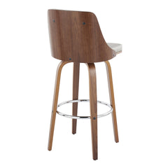 Gianna Mid-Century Modern Fixed-Height Barstool with Swivel in Walnut Wood and Light Grey Faux Leather with Round Chrome Metal Footrest by LumiSource - Set of 2