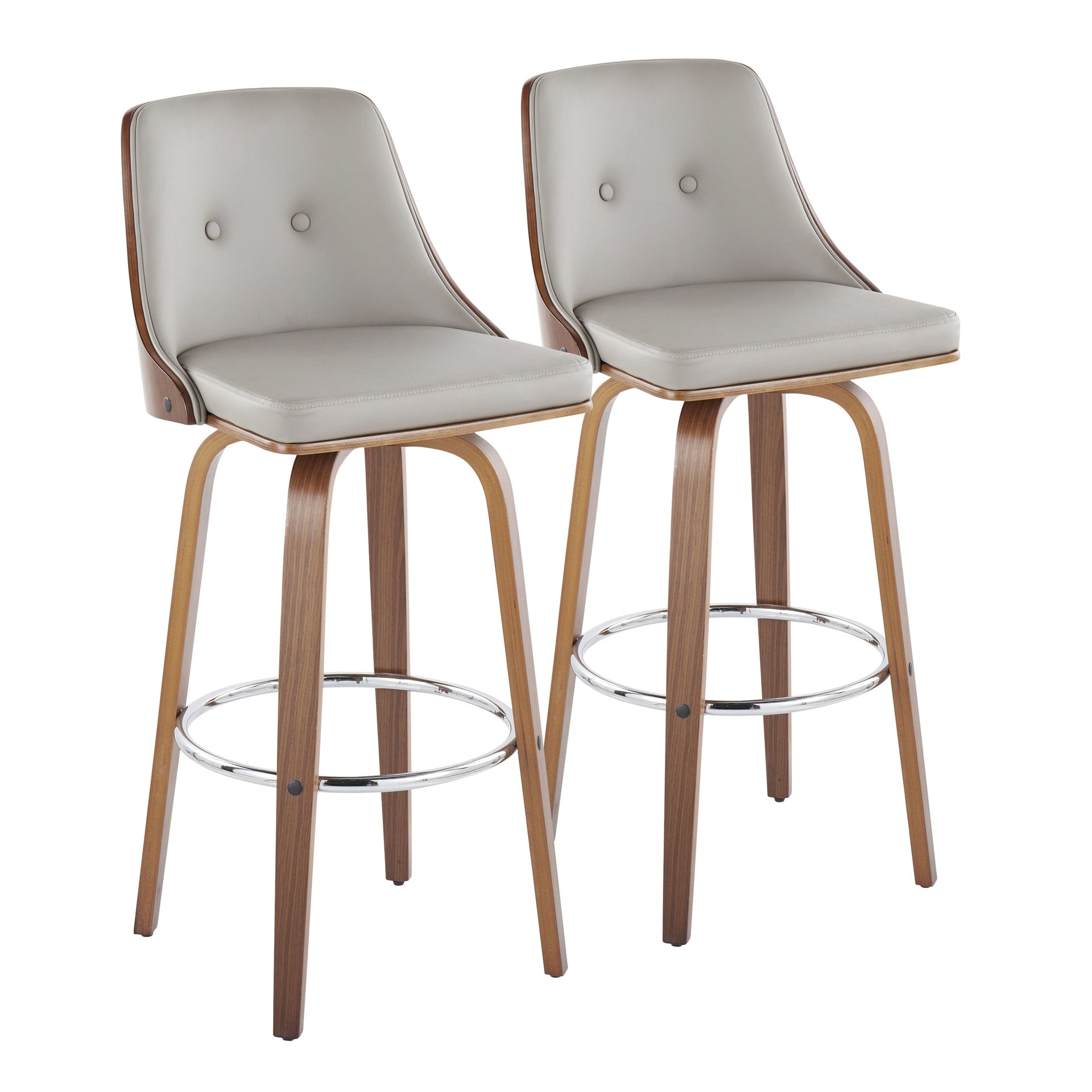 Gianna Mid-Century Modern Fixed-Height Barstool with Swivel in Walnut Wood and Light Grey Faux Leather with Round Chrome Metal Footrest by LumiSource - Set of 2