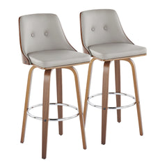 Gianna Mid-Century Modern Fixed-Height Barstool with Swivel in Walnut Wood and Light Grey Faux Leather with Round Chrome Metal Footrest by LumiSource - Set of 2