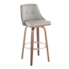 Gianna Mid-Century Modern Fixed-Height Barstool with Swivel in Walnut Wood and Light Grey Faux Leather with Round Chrome Metal Footrest by LumiSource - Set of 2