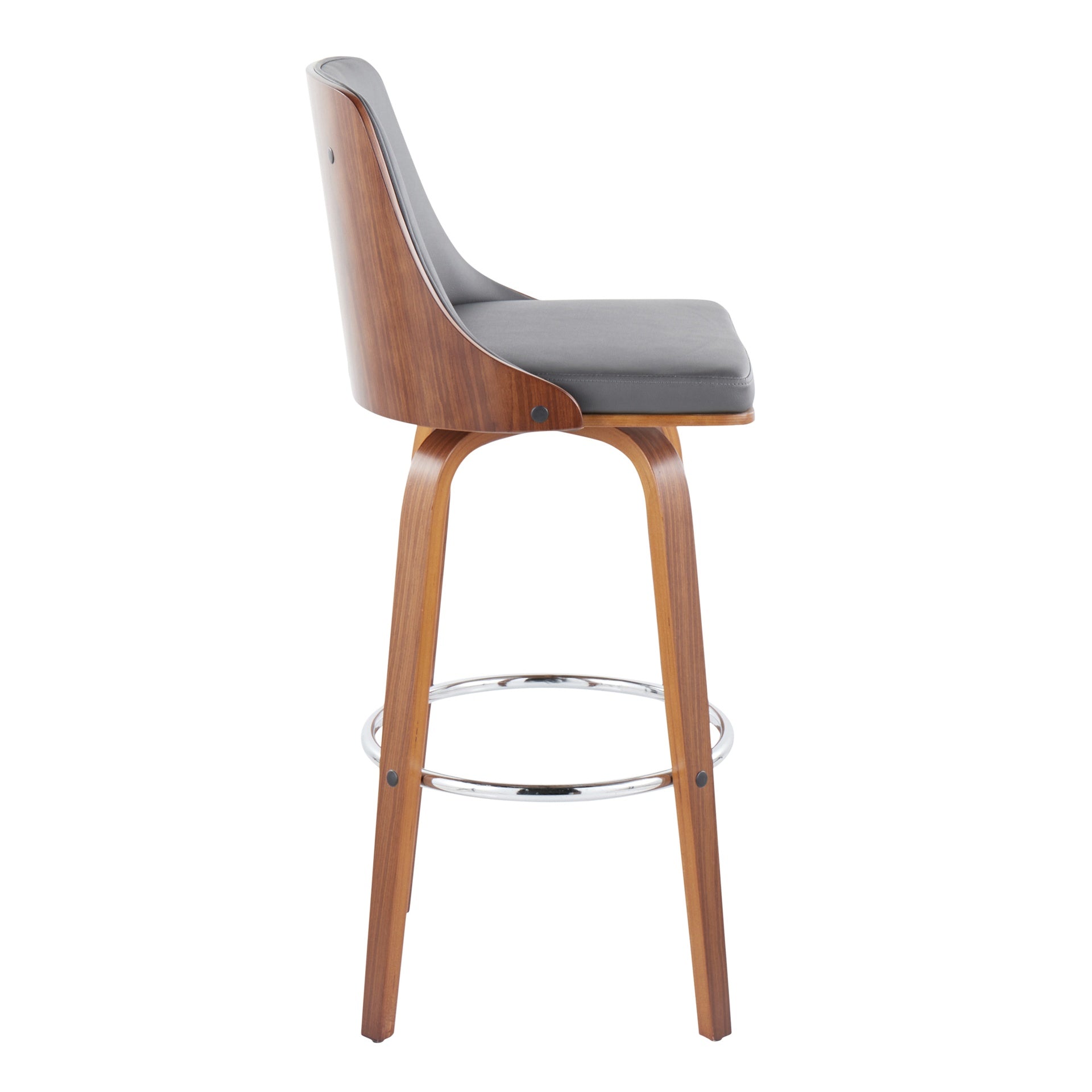 Gianna Mid-Century Modern Fixed-Height Barstool with Swivel in Walnut Wood and Grey Faux Leather with Round Chrome Metal Footrest by LumiSource - Set of 2