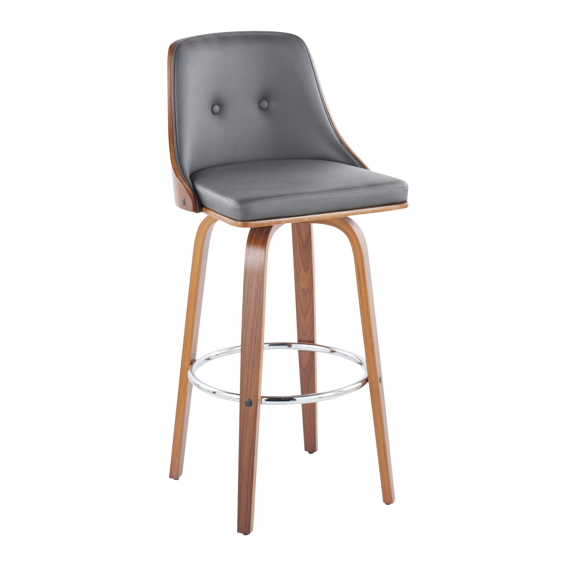 Gianna Mid-Century Modern Fixed-Height Barstool with Swivel in Walnut Wood and Grey Faux Leather with Round Chrome Metal Footrest by LumiSource - Set of 2