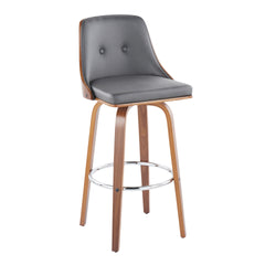 Gianna Mid-Century Modern Fixed-Height Barstool with Swivel in Walnut Wood and Grey Faux Leather with Round Chrome Metal Footrest by LumiSource - Set of 2