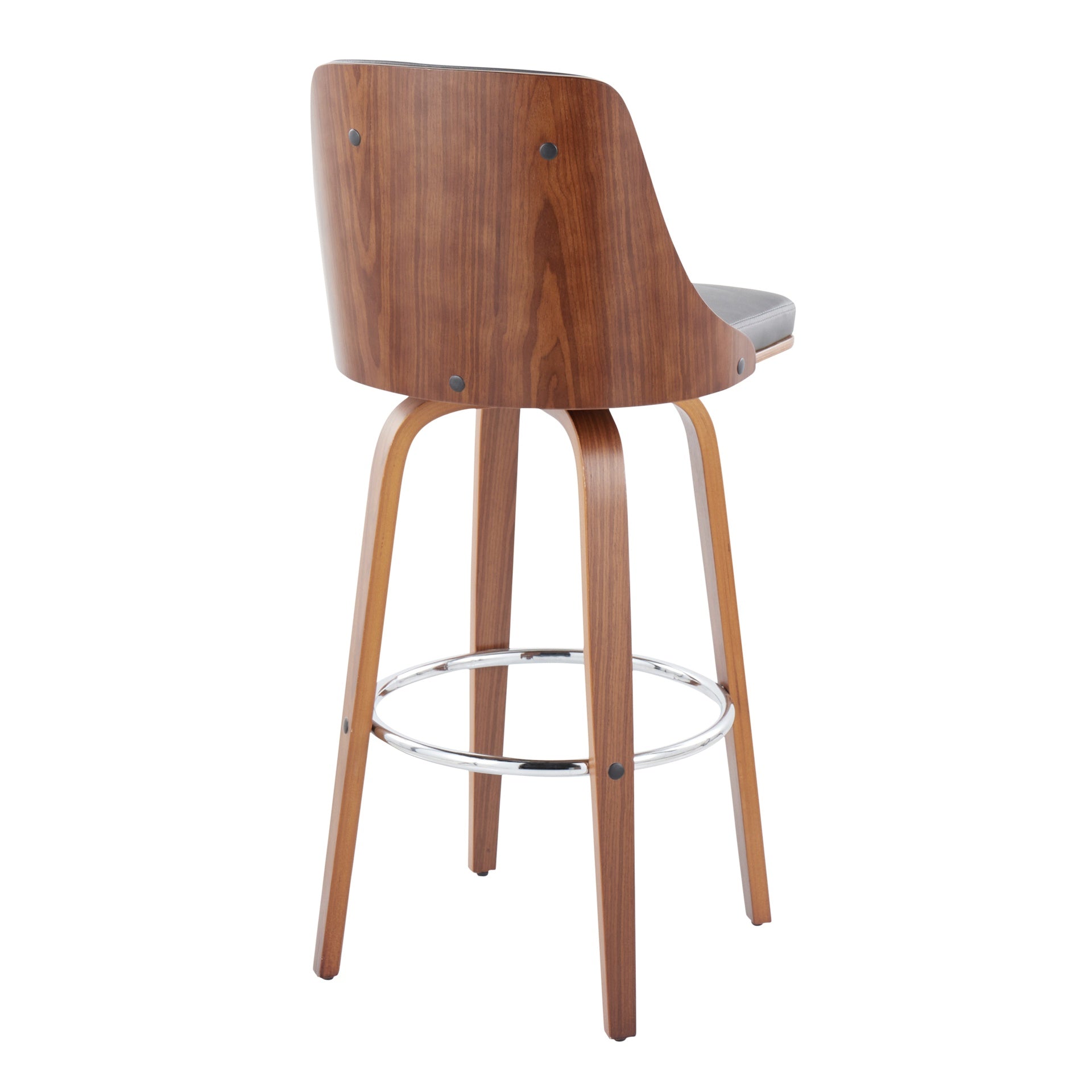 Gianna Mid-Century Modern Fixed-Height Barstool with Swivel in Walnut Wood and Grey Faux Leather with Round Chrome Metal Footrest by LumiSource - Set of 2