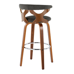 Gardenia 30" Mid-Century Modern Fixed-Height Barstool with Swivel in Walnut Wood and Charcoal Fabric with Round Chrome Metal Footrest by LumiSource - Set of 2