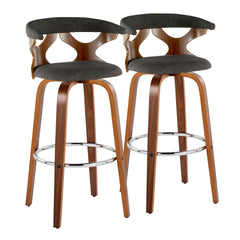 Gardenia 30" Mid-Century Modern Fixed-Height Barstool with Swivel in Walnut Wood and Charcoal Fabric with Round Chrome Metal Footrest by LumiSource - Set of 2