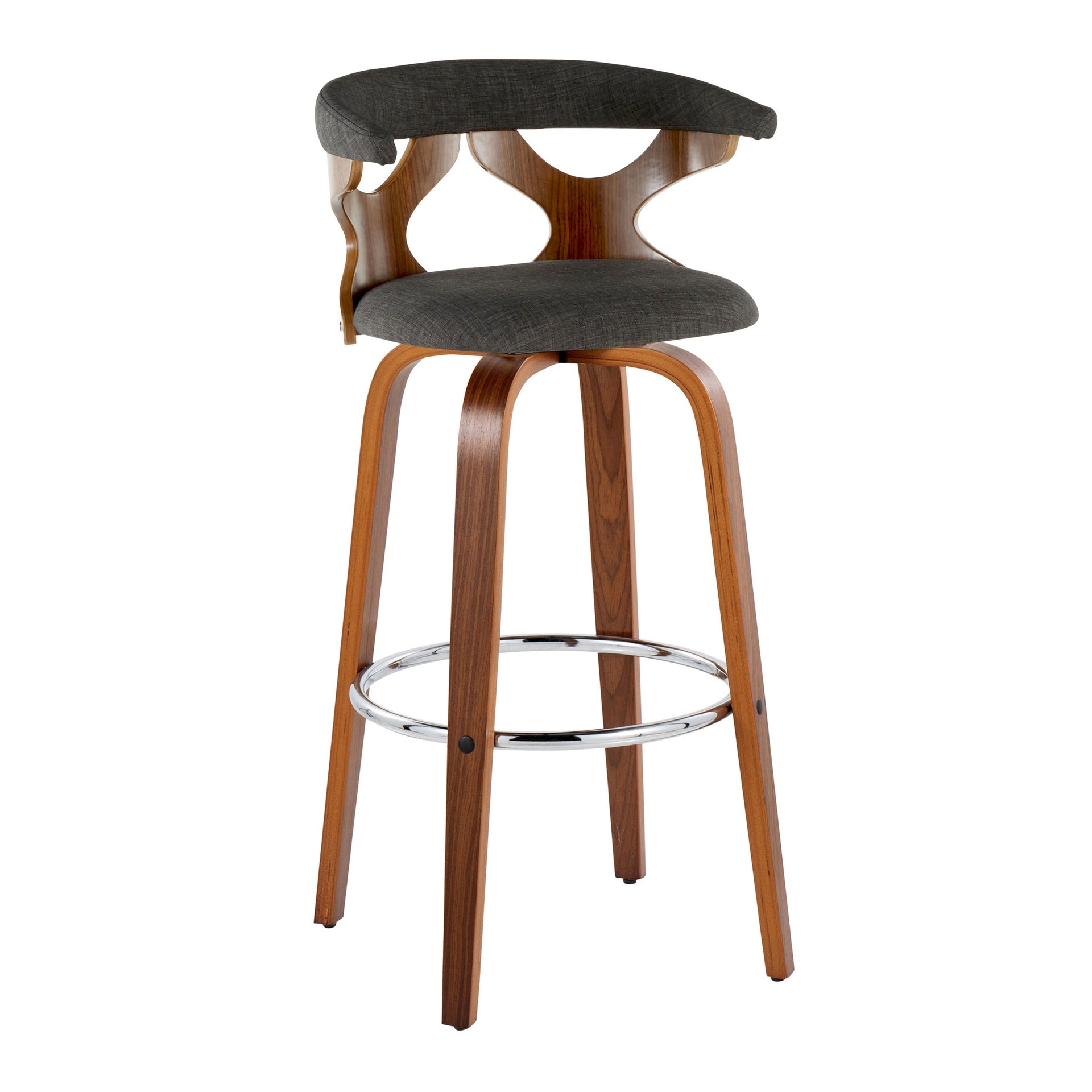 Gardenia 30" Mid-Century Modern Fixed-Height Barstool with Swivel in Walnut Wood and Charcoal Fabric with Round Chrome Metal Footrest by LumiSource - Set of 2