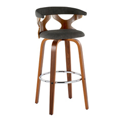 Gardenia 30" Mid-Century Modern Fixed-Height Barstool with Swivel in Walnut Wood and Charcoal Fabric with Round Chrome Metal Footrest by LumiSource - Set of 2