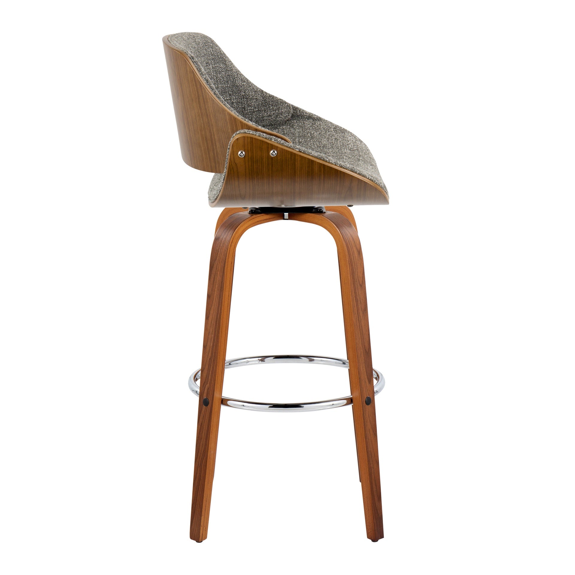 Fabrizzi 30" Mid-Century Modern Fixed-Height Barstool with Swivel in Walnut Wood and Noise Grey Fabric with Round Chrome Metal Footrest by LumiSource - Set of 2