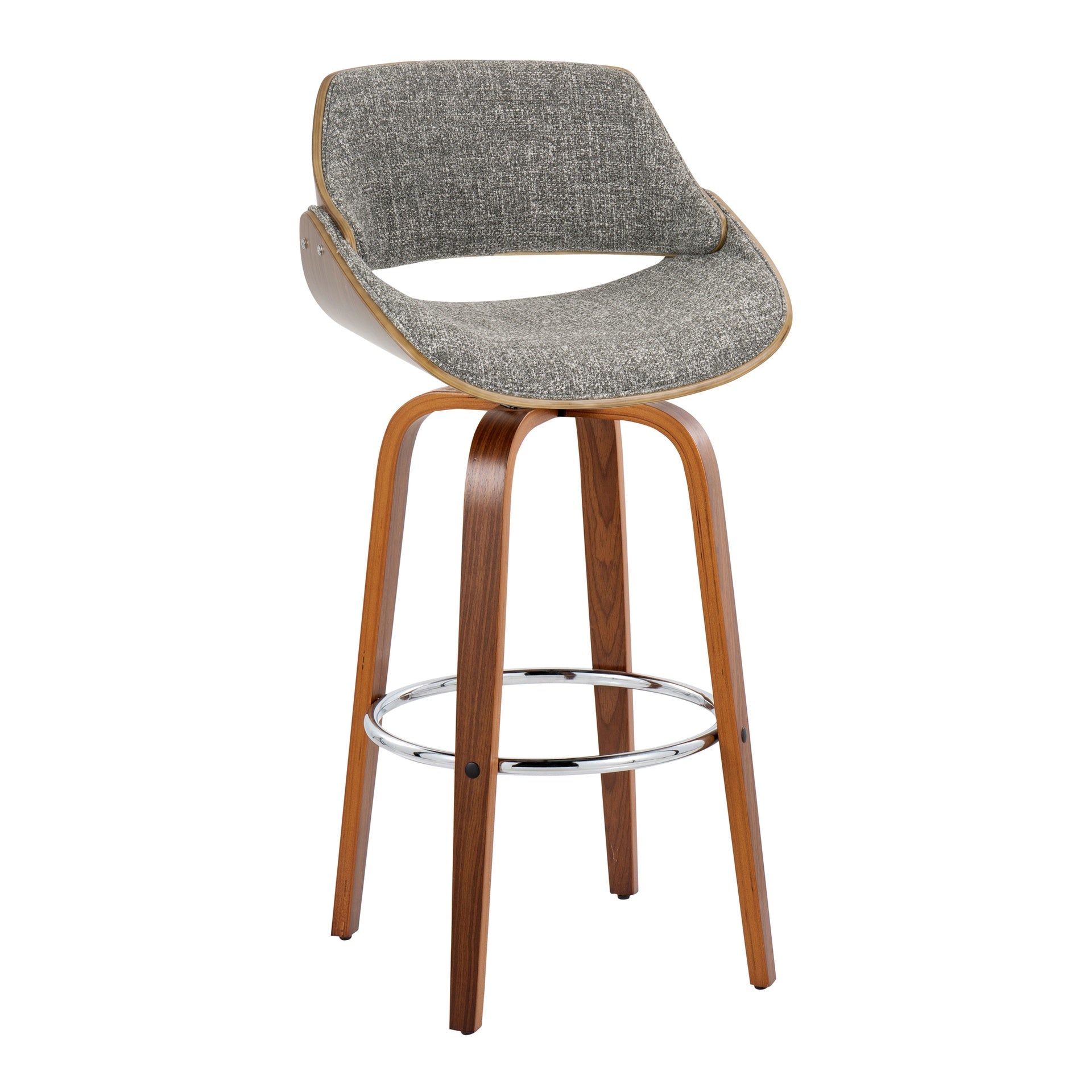 Fabrizzi 30" Mid-Century Modern Fixed-Height Barstool with Swivel in Walnut Wood and Noise Grey Fabric with Round Chrome Metal Footrest by LumiSource - Set of 2