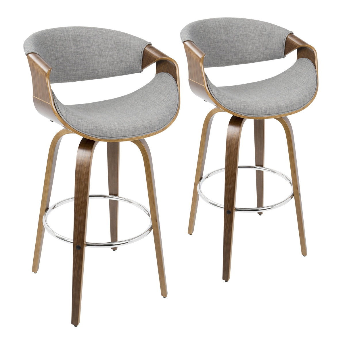 Curvini 30" Mid-Century Modern Fixed Height Barstool with Swivel in Walnut Wood and Grey Fabric by LumiSource - Set of 2