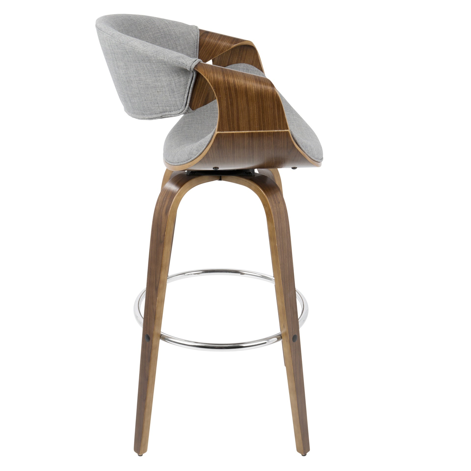 Curvini 30" Mid-Century Modern Fixed Height Barstool with Swivel in Walnut Wood and Grey Fabric by LumiSource - Set of 2