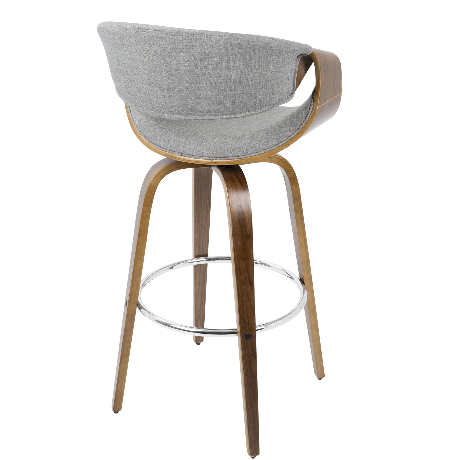 Curvini 30" Mid-Century Modern Fixed Height Barstool with Swivel in Walnut Wood and Grey Fabric by LumiSource - Set of 2