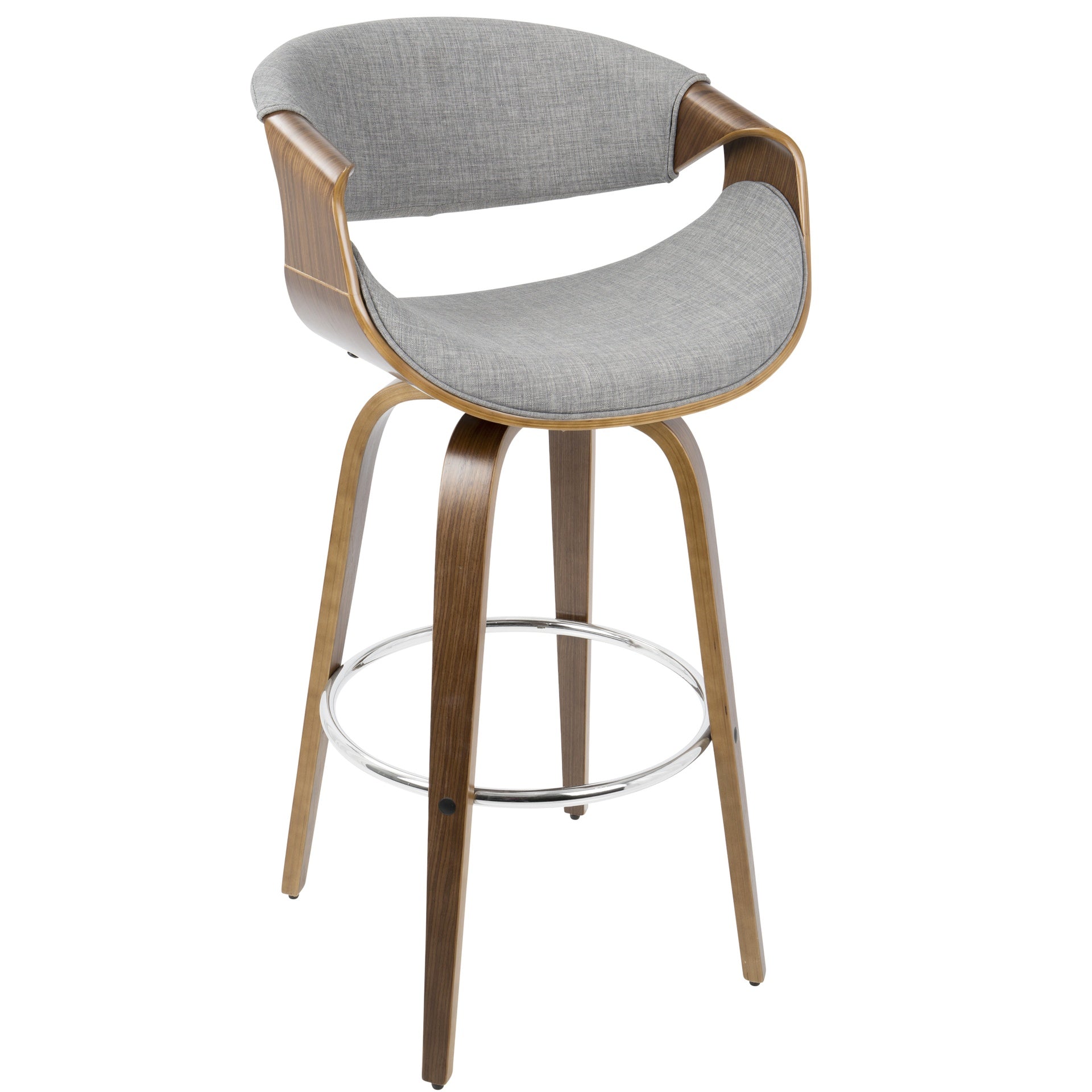 Curvini 30" Mid-Century Modern Fixed Height Barstool with Swivel in Walnut Wood and Grey Fabric by LumiSource - Set of 2