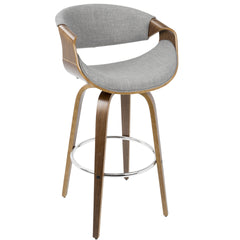 Curvini 30" Mid-Century Modern Fixed Height Barstool with Swivel in Walnut Wood and Grey Fabric by LumiSource - Set of 2