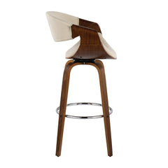 Curvini 30" Mid-Century Modern Fixed Height Barstool with Swivel in Walnut Wood and Cream Fabric by LumiSource - Set of 2