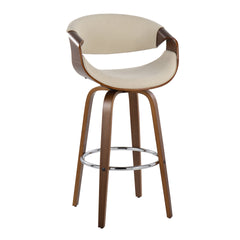 Curvini 30" Mid-Century Modern Fixed Height Barstool with Swivel in Walnut Wood and Cream Fabric by LumiSource - Set of 2