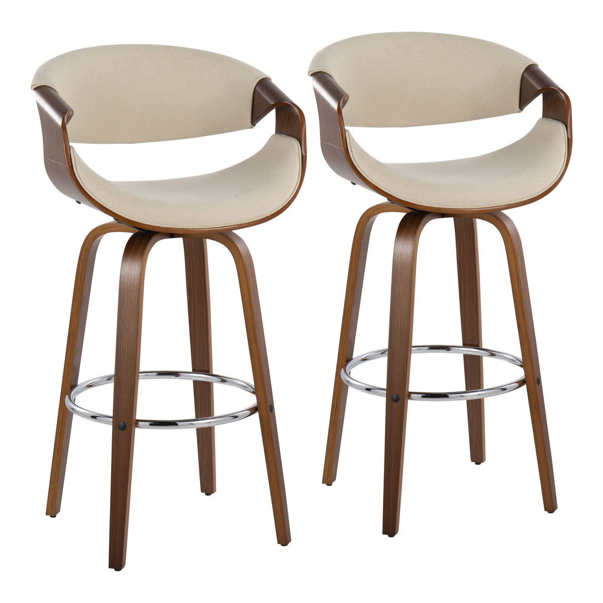 Curvini 30" Mid-Century Modern Fixed Height Barstool with Swivel in Walnut Wood and Cream Fabric by LumiSource - Set of 2