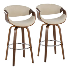 Curvini 30" Mid-Century Modern Fixed Height Barstool with Swivel in Walnut Wood and Cream Fabric by LumiSource - Set of 2