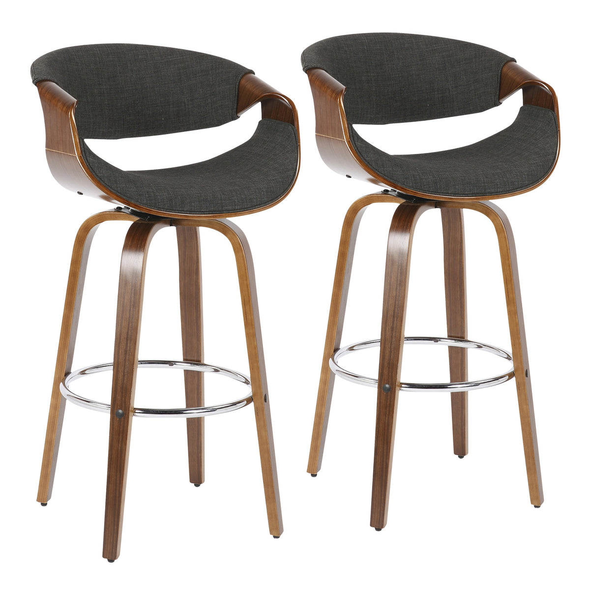 Curvini Mid-Century Modern Barstool in Walnut Wood and Charcoal Fabric by LumiSource - Set of 2