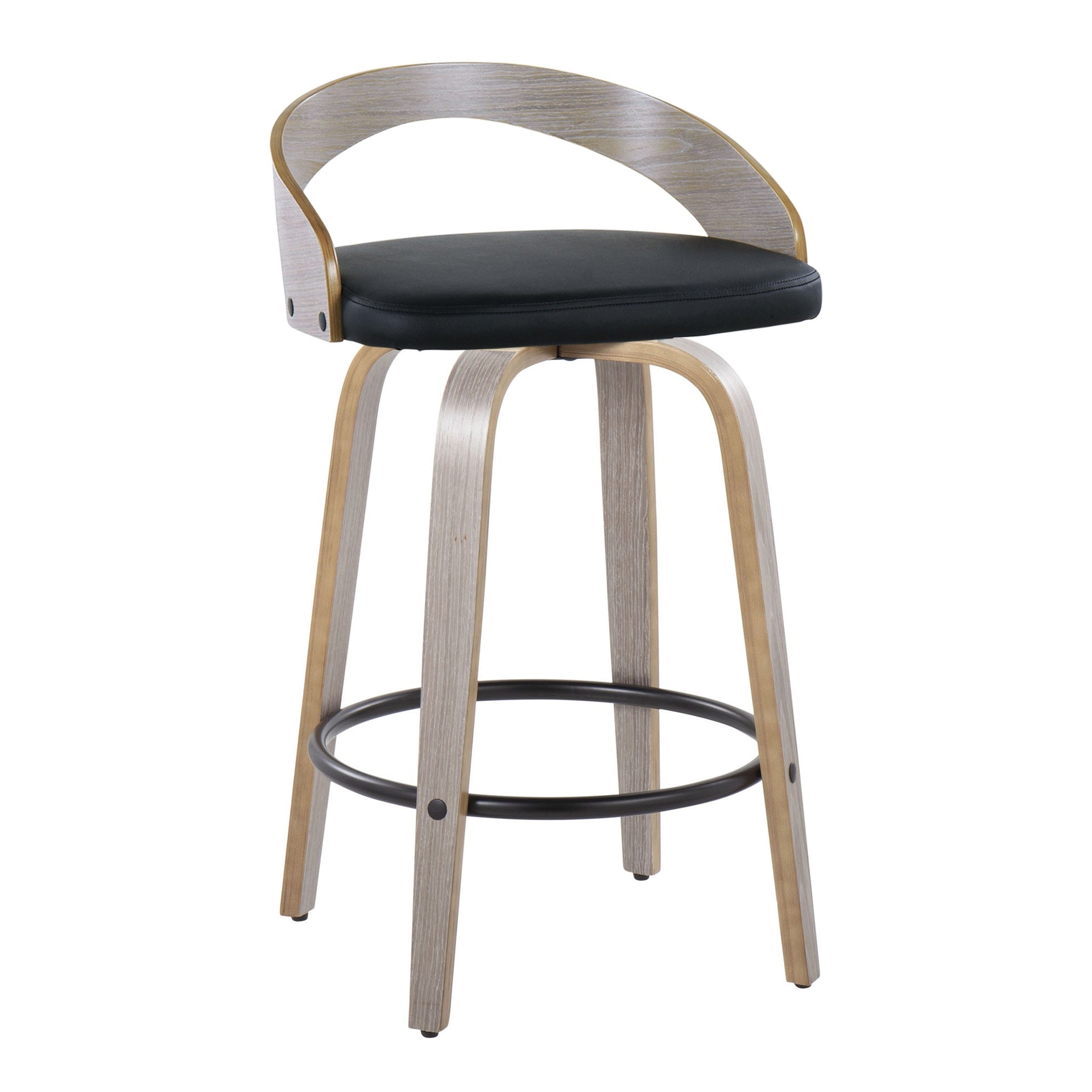 Grotto 26" Contemporary Fixed-Height Counter Stool with Swivel in Light Grey Wood and Black Faux Leather with Round Black Metal Footrest by LumiSource - Set of 2