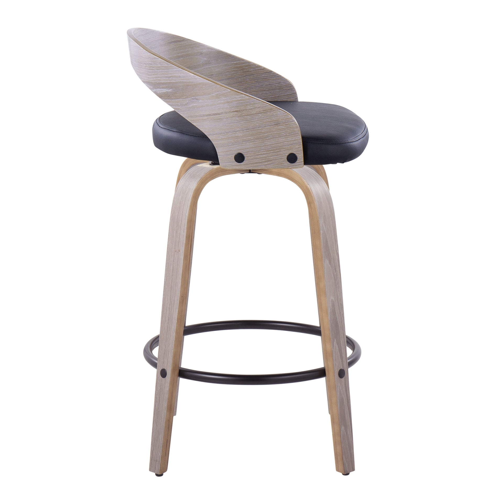 Grotto 26" Contemporary Fixed-Height Counter Stool with Swivel in Light Grey Wood and Black Faux Leather with Round Black Metal Footrest by LumiSource - Set of 2