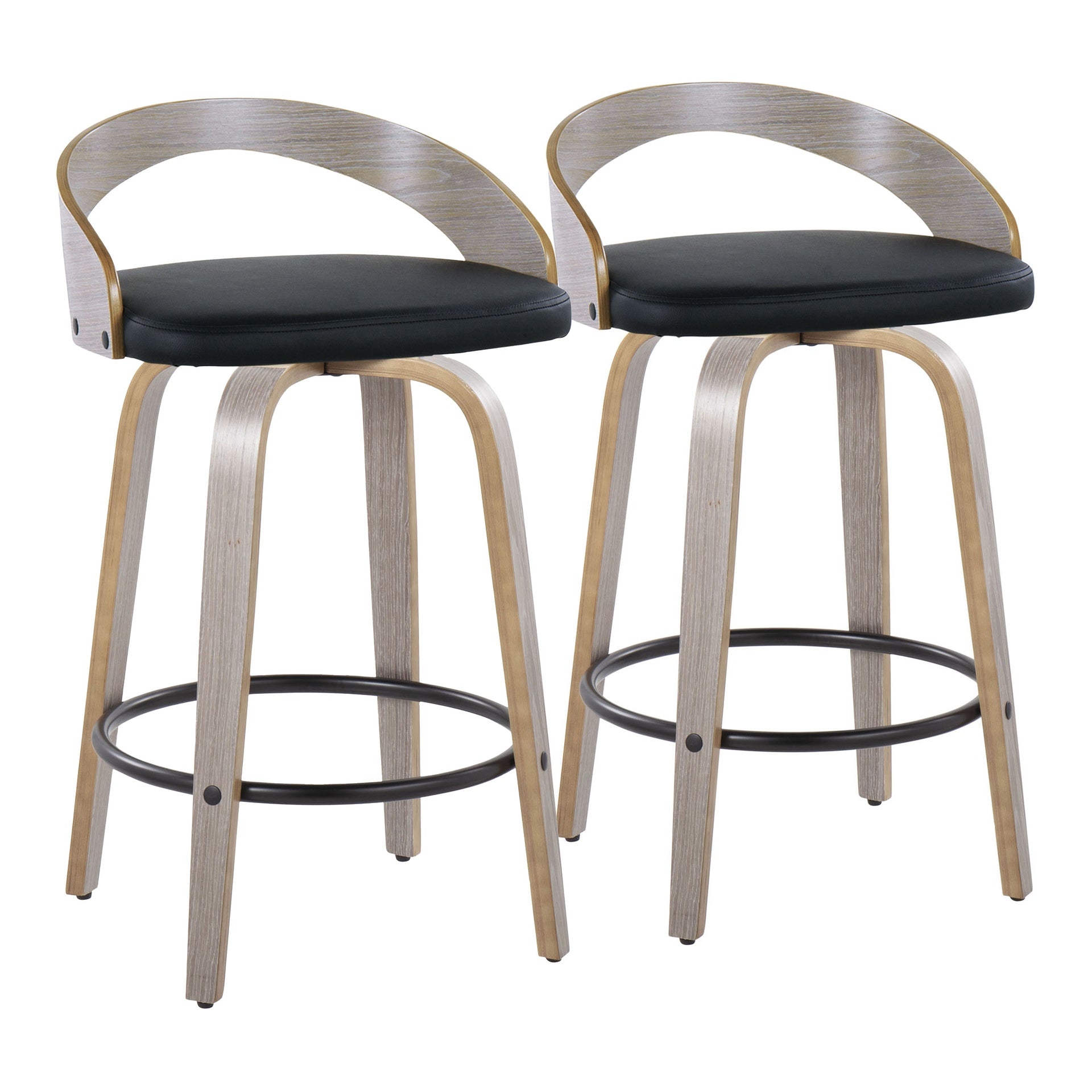 Grotto 26" Contemporary Fixed-Height Counter Stool with Swivel in Light Grey Wood and Black Faux Leather with Round Black Metal Footrest by LumiSource - Set of 2