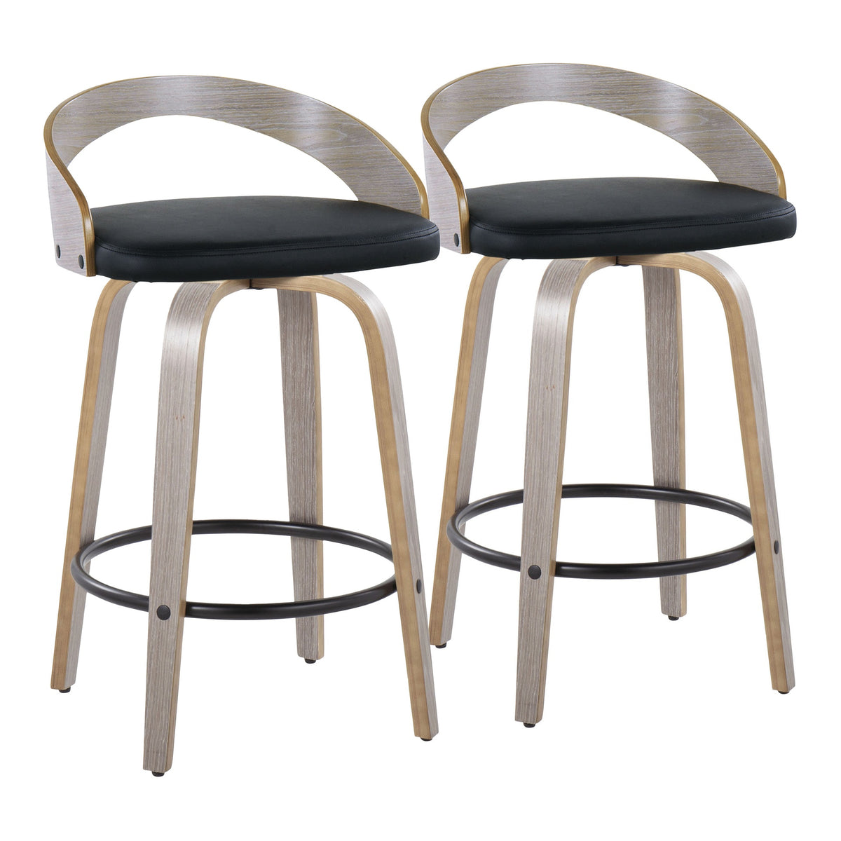 Grotto 26" Contemporary Fixed-Height Counter Stool with Swivel in Light Grey Wood and Black Faux Leather with Round Black Metal Footrest by LumiSource - Set of 2
