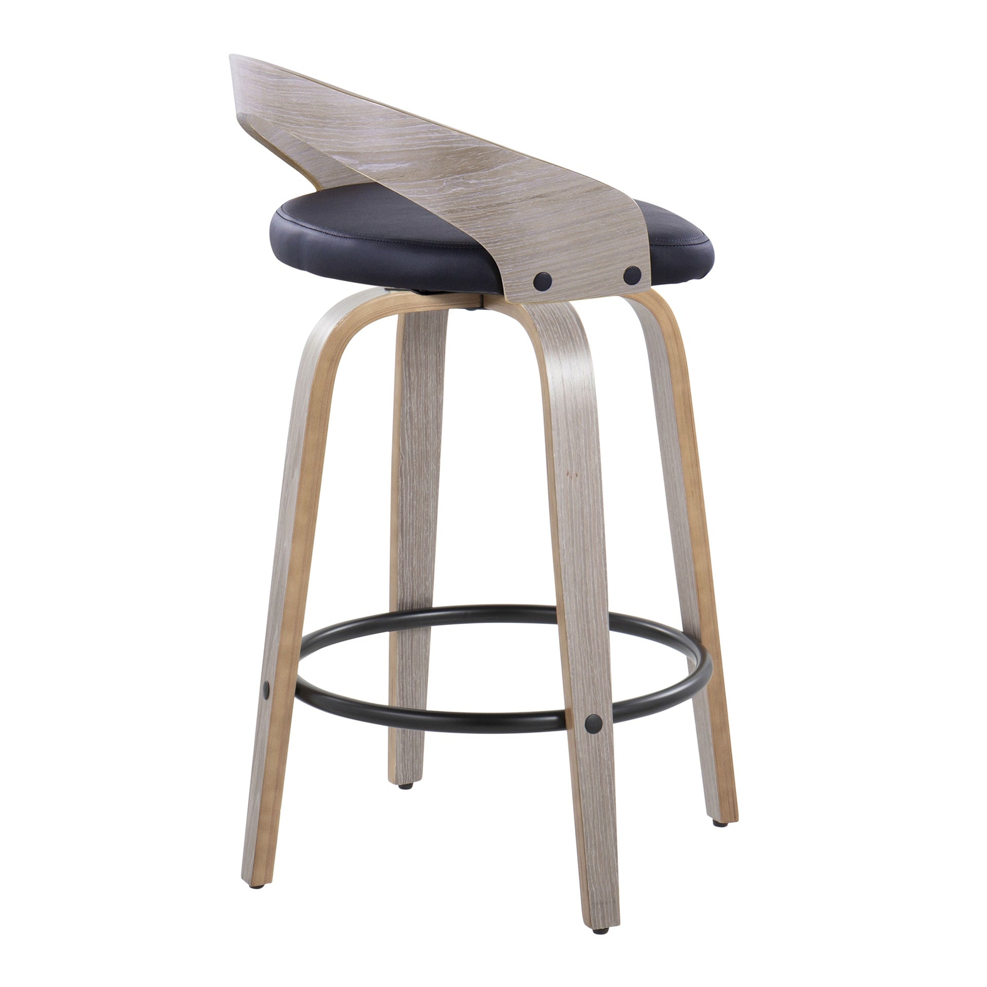 Grotto 26" Contemporary Fixed-Height Counter Stool with Swivel in Light Grey Wood and Black Faux Leather with Round Black Metal Footrest by LumiSource - Set of 2