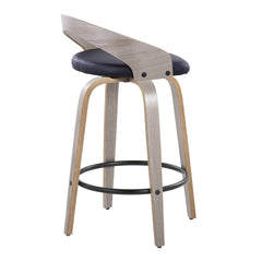 Grotto 26" Contemporary Fixed-Height Counter Stool with Swivel in Light Grey Wood and Black Faux Leather with Round Black Metal Footrest by LumiSource - Set of 2