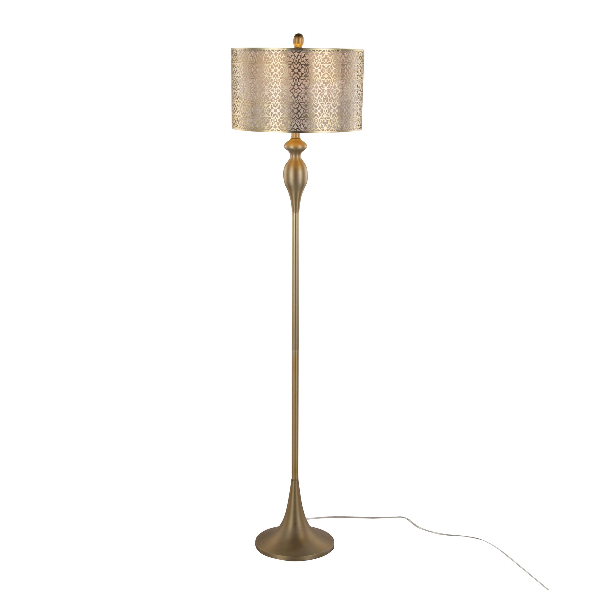 Ashland 63" Contemporary Metal Floor Lamp in Gold Metal with Laser Cut Metal and Off-White Linen Shade from Grandview Gallery by LumiSource